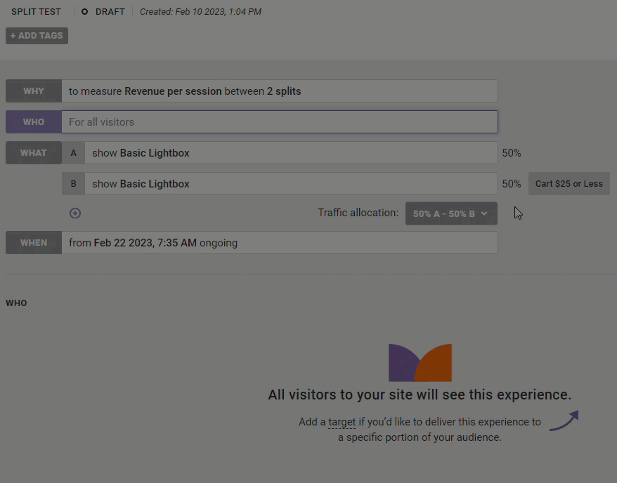 Animated demonstration of the options available in the Traffic allocation selector for an experience configured with only two variants