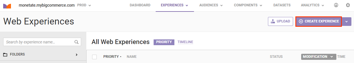 Callout of the 'CREATE EXPERIENCE' button on the Web Experiences list page