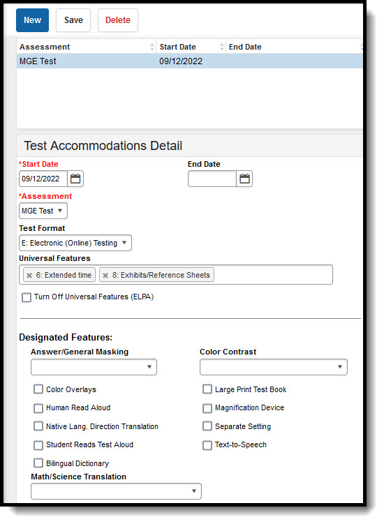 Screenshot of test accommodations selection editor detail