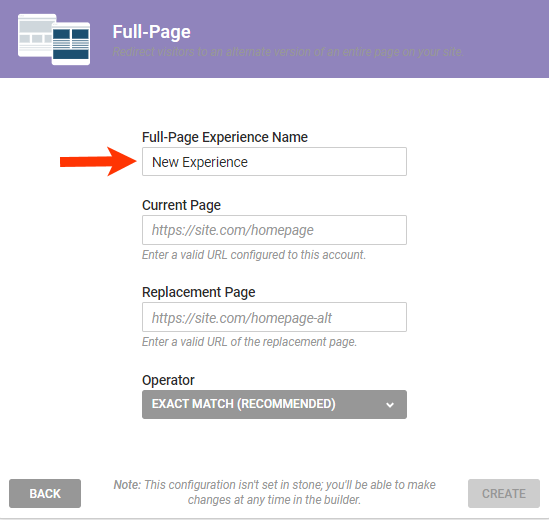Callout of the Full-Page Experience Name field on the Full-Page modal
