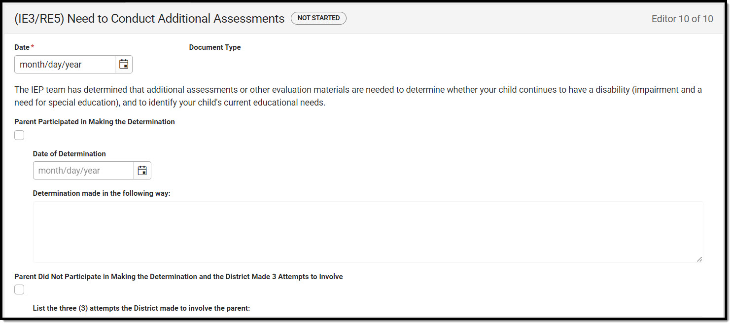 Screenshot of the Need to Conduct Additional Assessments editor.
