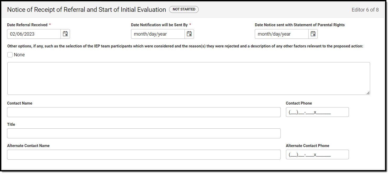 Screenshot of the Notice of Receipt of Referral/Start Initial Evaluation editor.