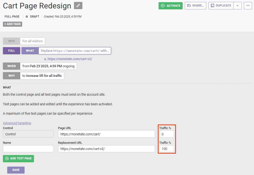 Callout of the traffic percentage fields for the control and the replacement page