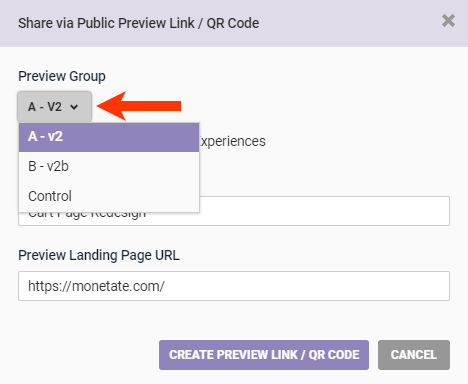 Callout of the Preview Group selector on the Share via Public Preview Link/QR Code modal