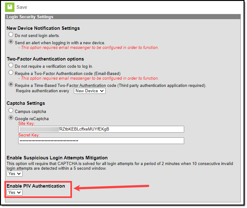 screenshot of the Enable PIV Authentication login security setting