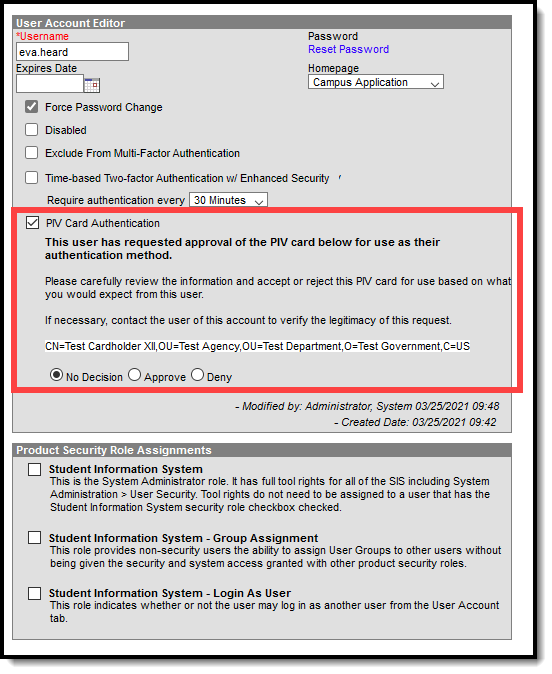 screenshot of reviewing a PIV authentication approval for a user account
