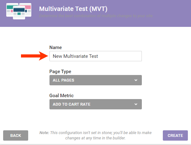 Callout of the Name field on the 'Multivariate Test (MVT)' modal