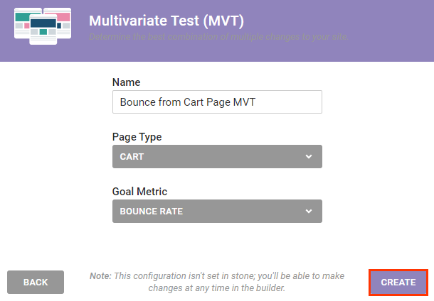 Callout of the CREATE button on the 'Multivariate Test (MVT)' modal
