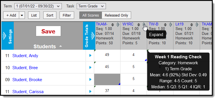 Screenshot of the Grade book with the mouse hovering over the expand toggle and the assignment details tool tip displaying. 