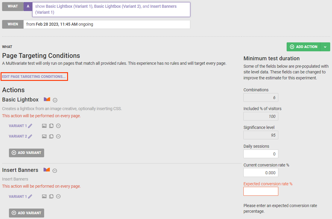Callout of the 'EDIT PAGE TARGETING CONDITIONS' button on the 'Page Targeting Conditions' panel of the WHAT settings