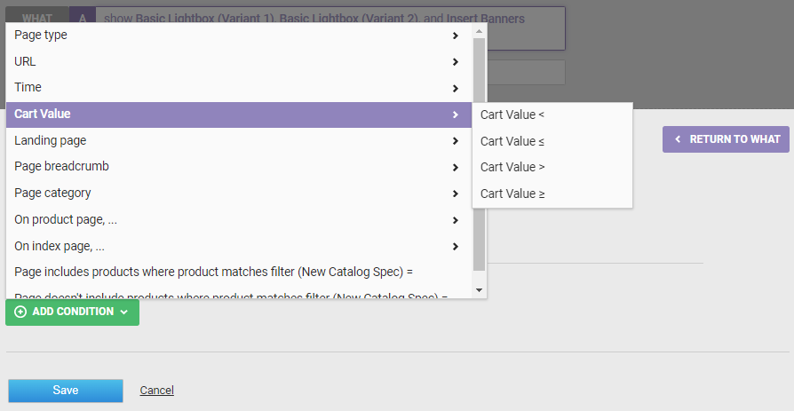 View of the 'Cart value' category and its options in the ADD CONDITION selector