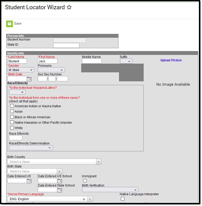 Screenshot of student locator wizard and demographics fields.