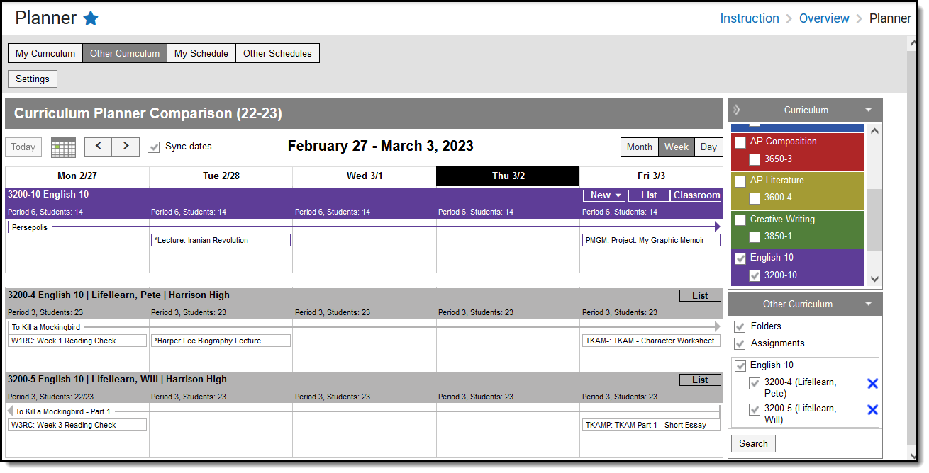 Screenshot of the the Planner in Other Curriculum view, showing one of the teacher's sections and additional sections of other teachers below. 