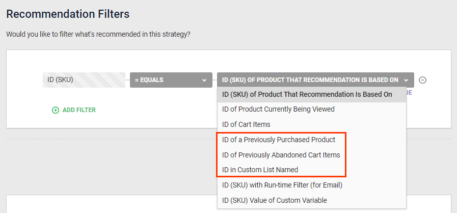 Callout of the three additional dynamic value options for the 'ID (SKU)' attribute filter