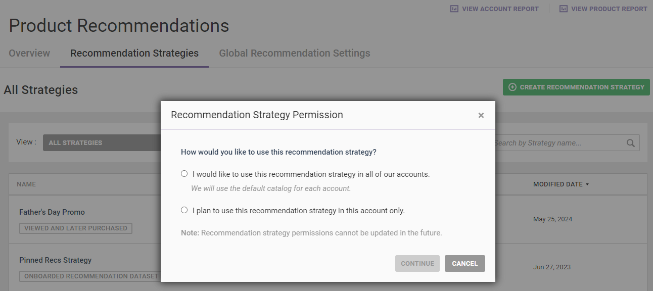Recommendation Strategy Permission modal