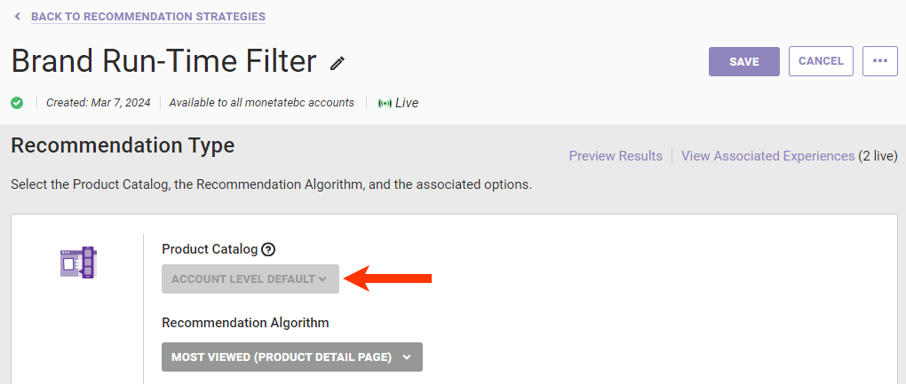 Callout of the Product Catalog selector fixed on 'ACCOUNT LEVEL DEFAULT'