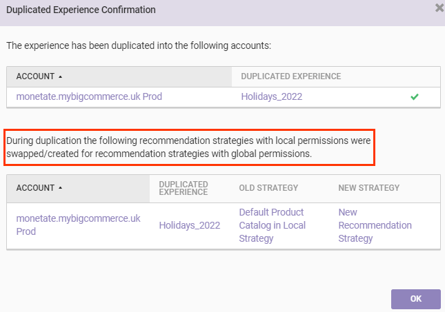 Callout of the message that appears when a user duplicates an recommendations experience with a local recommendation strategy from one account into another that reads, 'During duplication the following recommendation strategies with local permissions were swapped/created for recommendation strategies with global permissions'