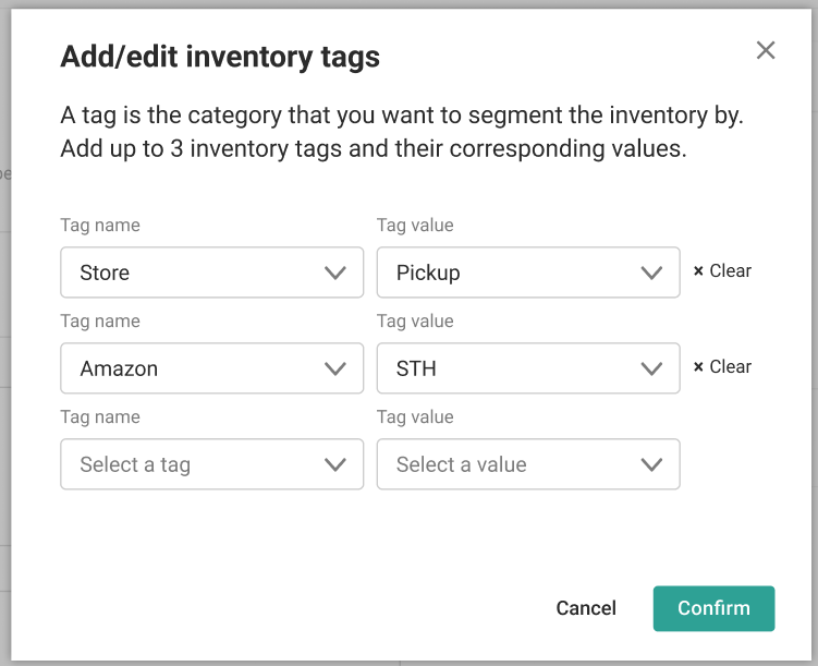 The Add/Edit Inventory Tags pop-up with dropdown menus for three tags