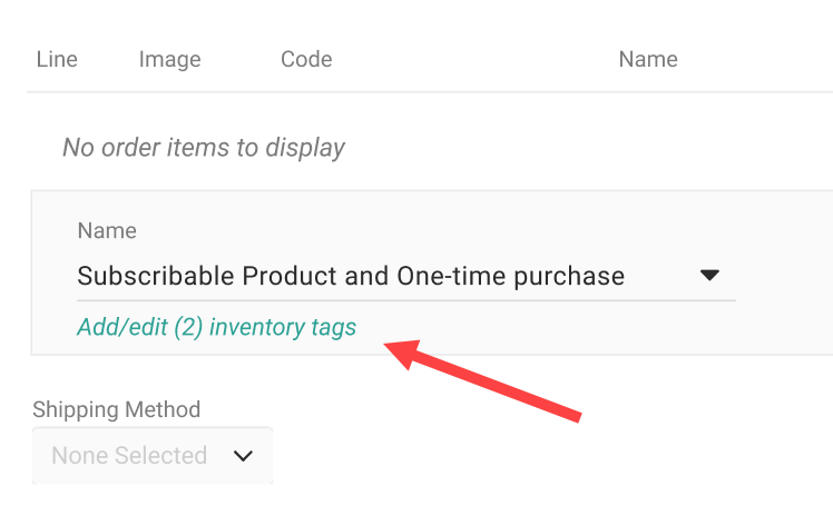 The line items section of an order with a callout for the Add/Edit Inventory Tags button