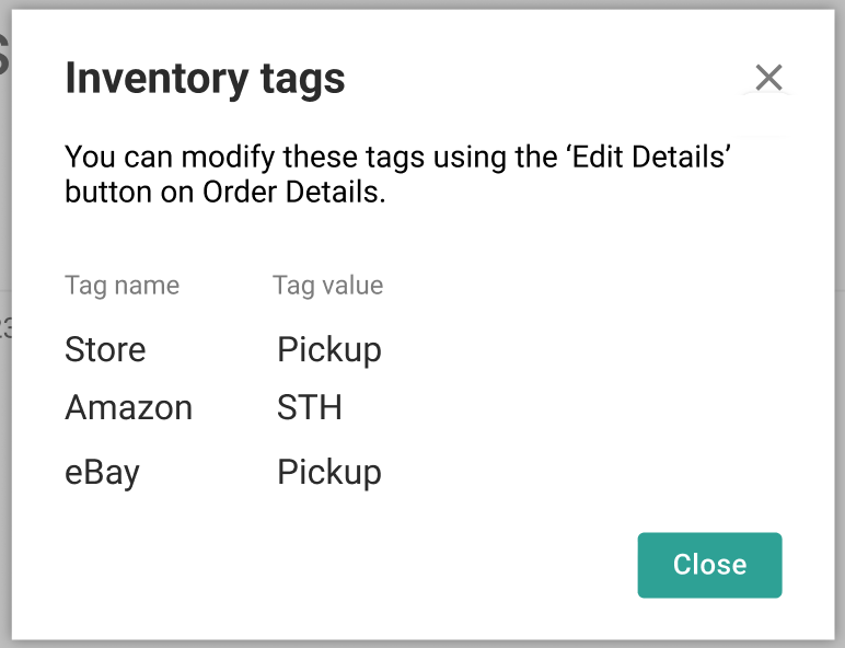 The Inventory Tags pop-up with three example tags