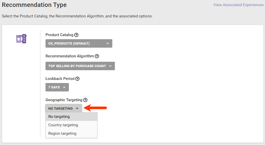 Callout of the Geographic Targeting selector on the recommendation strategy configuration page
