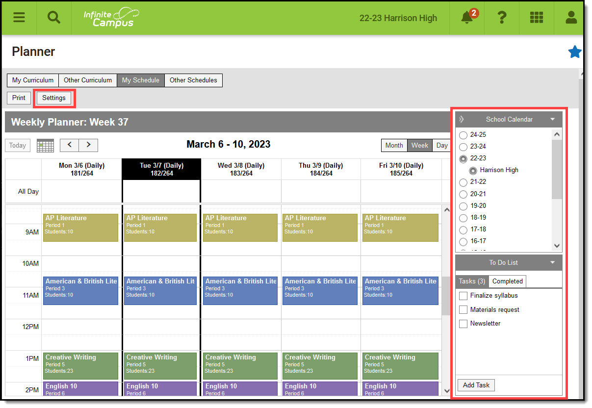 Screenshot of the Planner, highlighting the School Calendar and To Do List panels at the right.