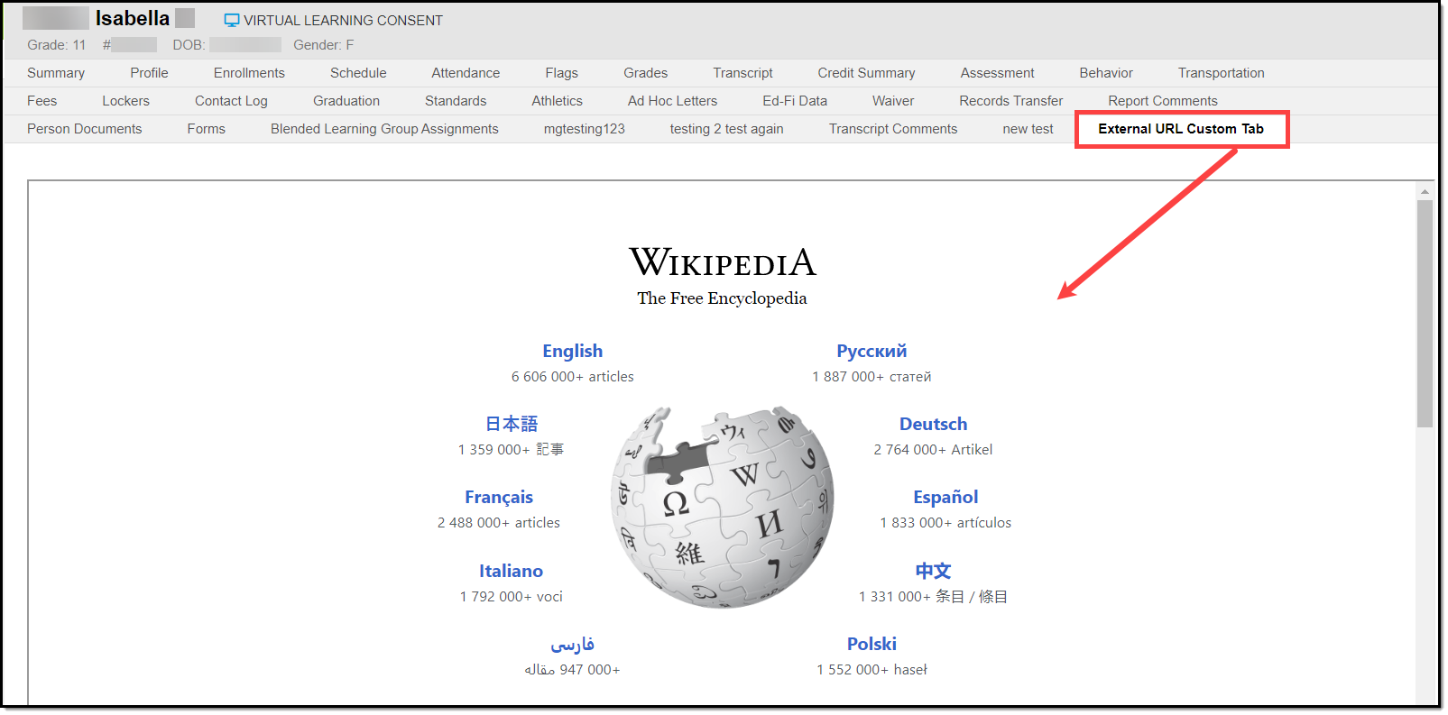 Screenshot of an external website