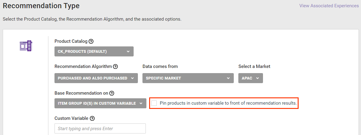 Callout of the 'Pin products in custom variable to front of recommendation results' setting