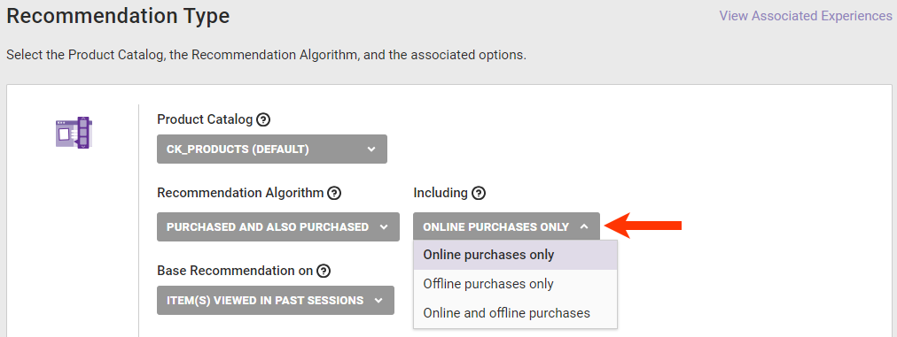 Callout of the Including selector and of the 'Offline purchases only' option and the 'Online and offline purchases' option