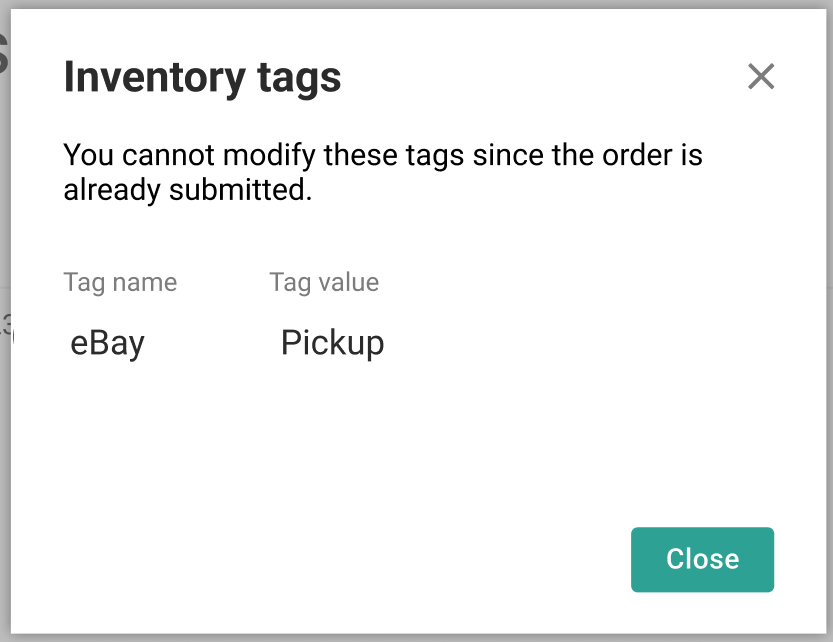 The Inventory Tags pop-up with one example tag