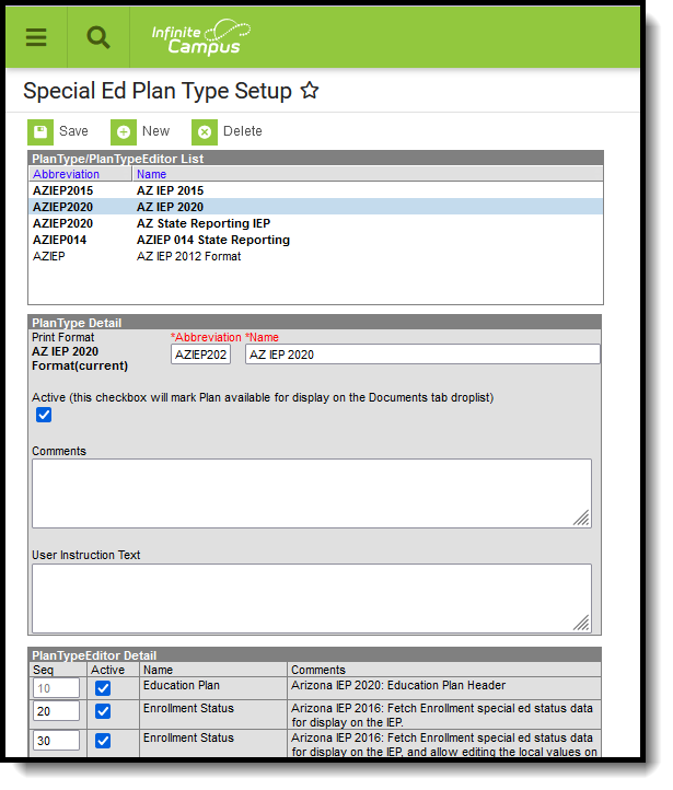 Screenshot of the Special Ed Plan Setup.