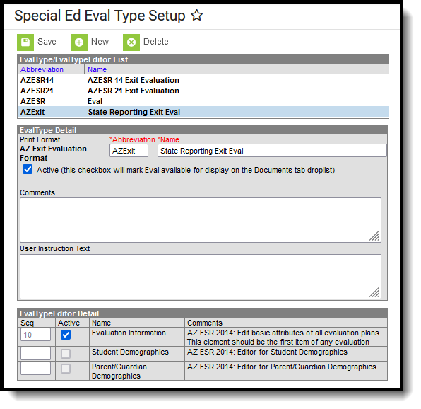 Screenshot of the Evaluation Type Setup editor. 