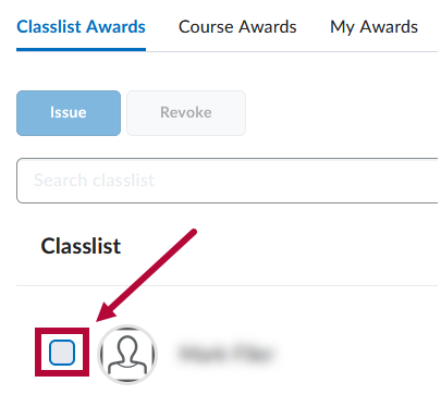 Shows Checkbox to choose which student(s) to issue Awards to.