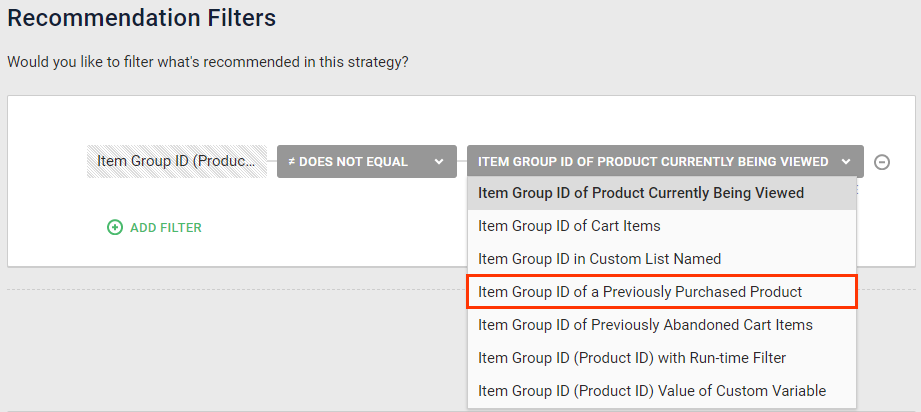 Callout of the 'Item Group ID of a Previously Purchased Product' option in the dynamic value selector