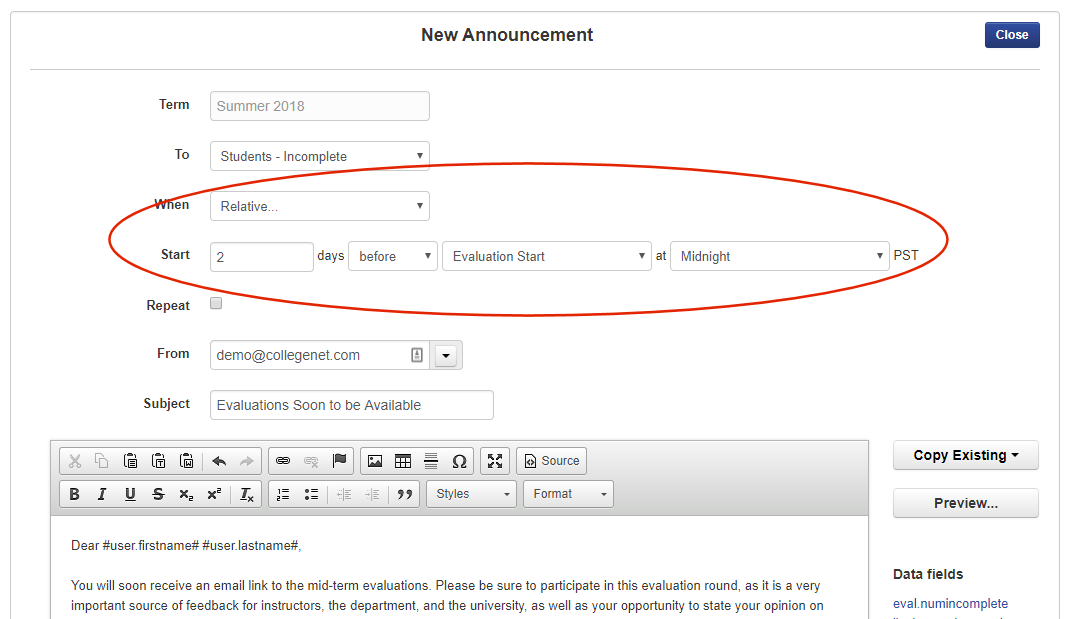 Announcement send date and time fields