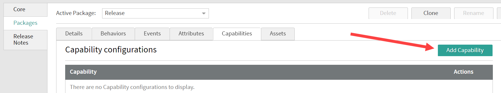 The Packages tab of the Dev Center with a callout for the Add Capability button