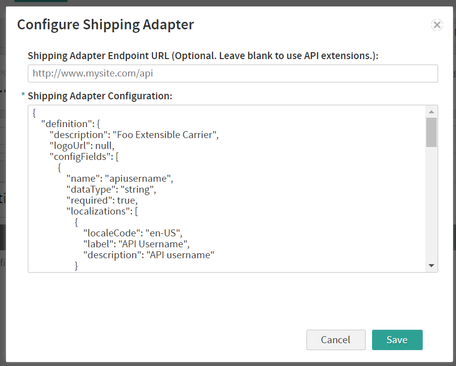 The Configure Shipping Adapter pop-up with an example configuration