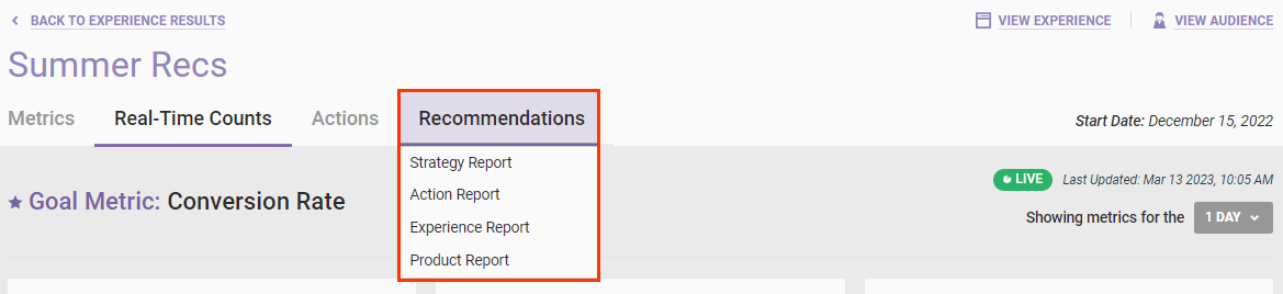 Callout of the Recommendations tab and its menu of experience-specific report options