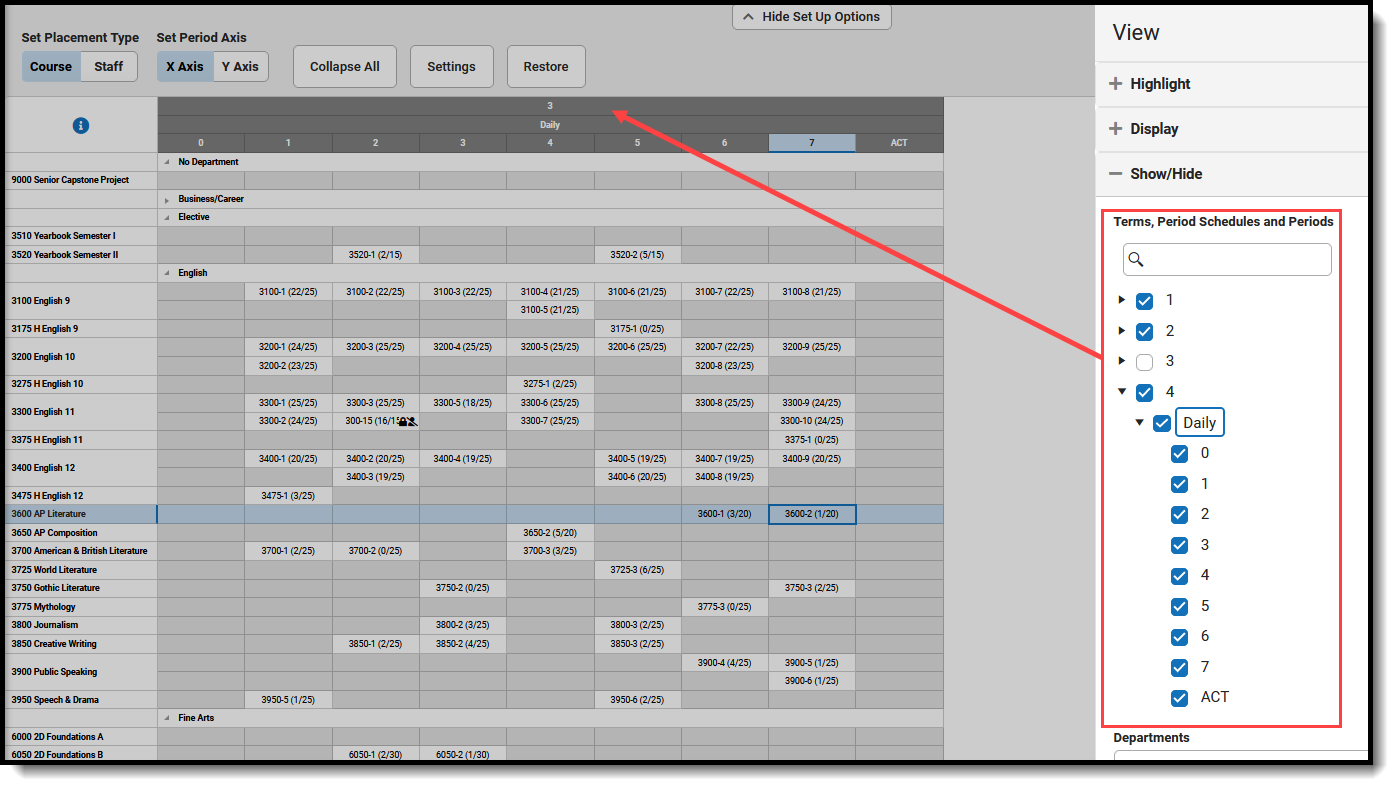 Screenshot of not displaying a term or period schedule in the schedule grid. 