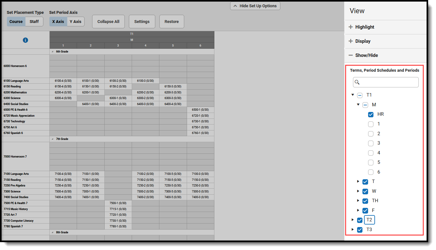 Screenshot of removing period schedules to reduce the size of the schedule grid. 