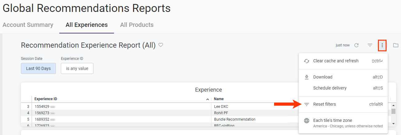 Callout of the 'Reset filters' option in the additional options menu for 'Recommendation Experience Report (All)'