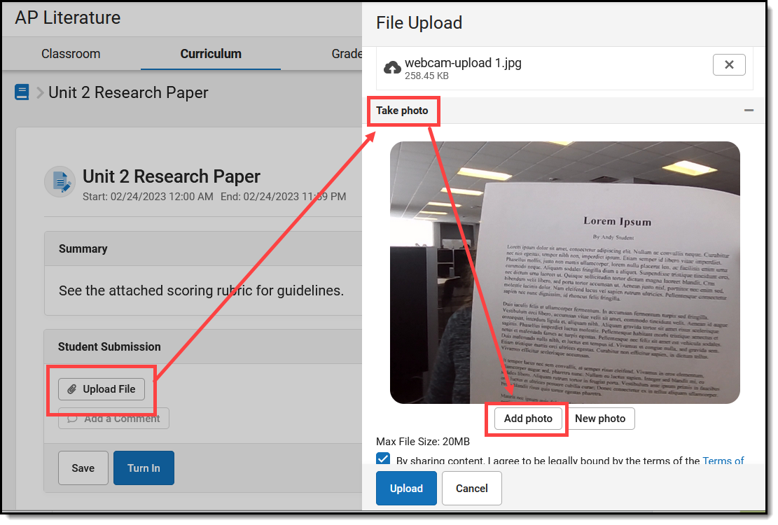 Screenshot highlighting the Take Photo option in the File Upload side panel.