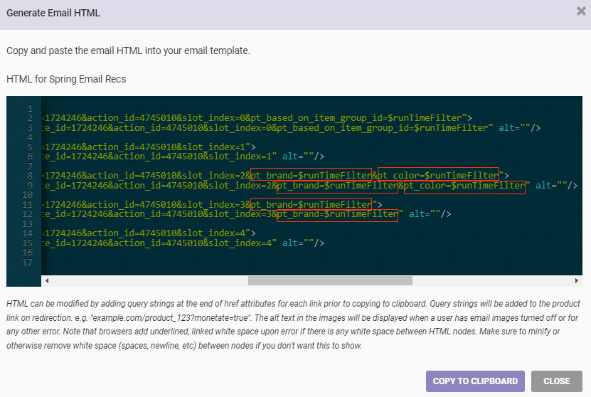 Callout of each occurence of the $runTimeFilter placeholder in the email experience HTML code