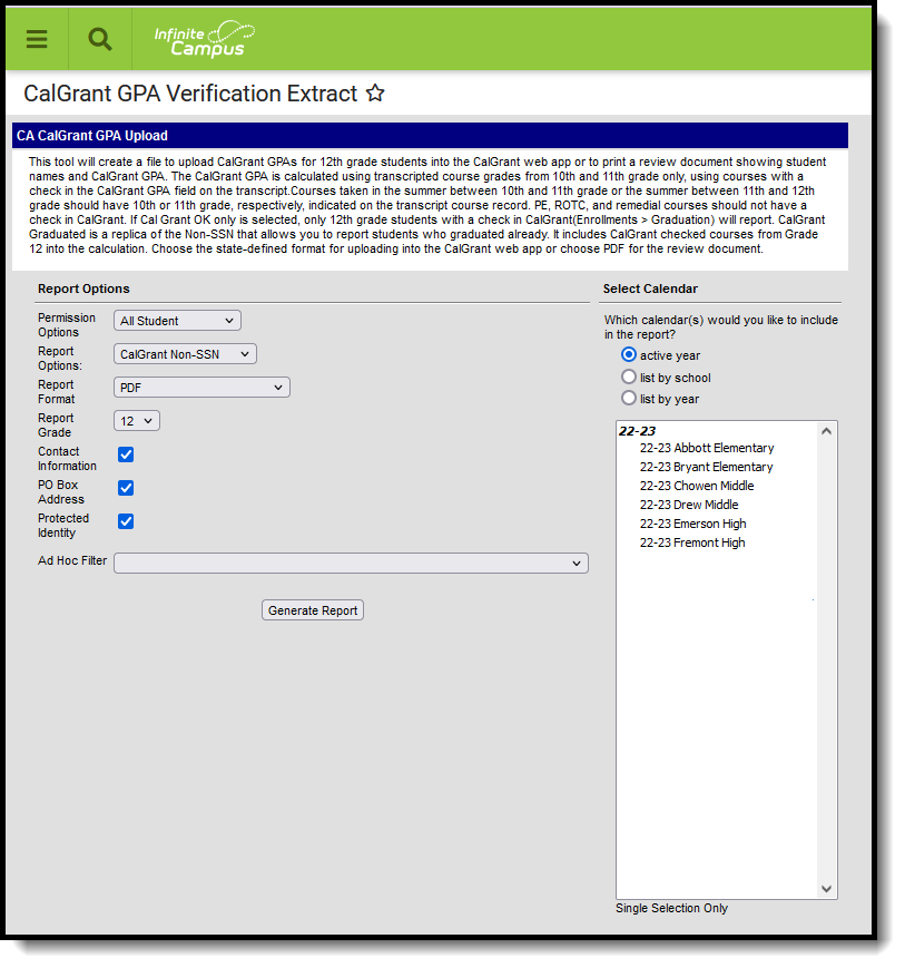 Screenshot of the CalGrant GPA Verification extract editor.  