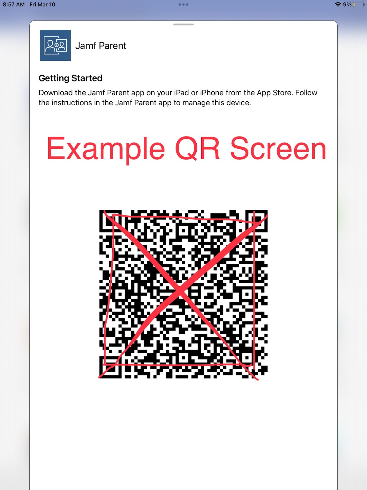 Image is an Example of a QR Code generated by JAMF Parent