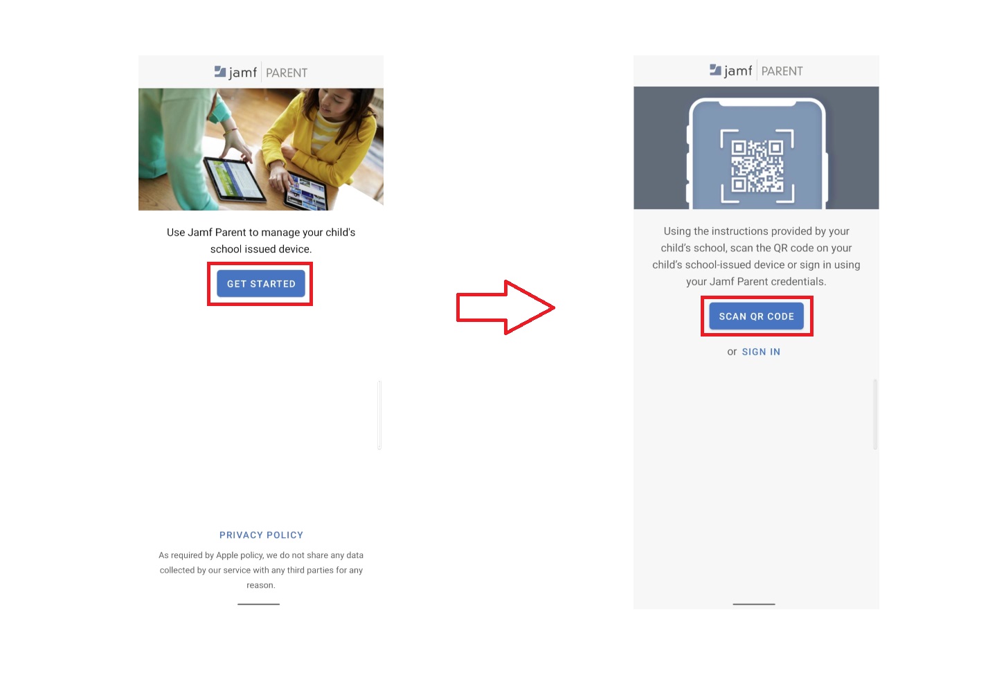 Image of two screens combined. Left Image is JAMF Parent with the Get Started button highlighted. Right image is Scan QR Code button highlighted. 
