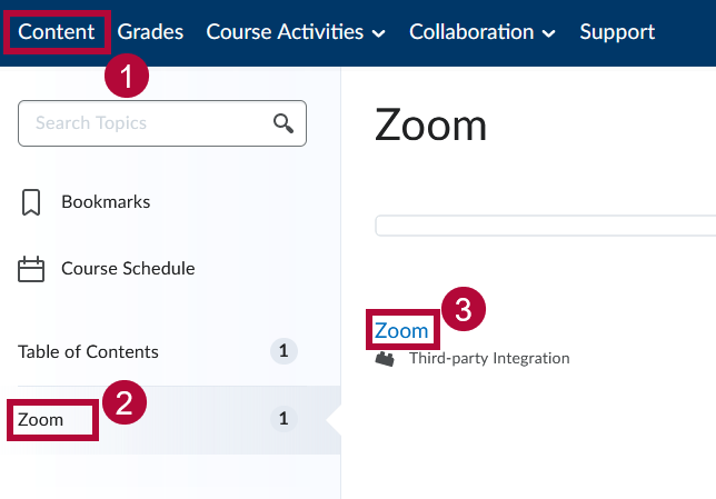 shows the location of the Content, Content Module, and Zoom Content link in D2L course.