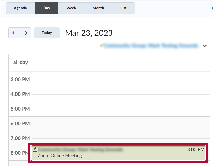 shows a Zoom Meeting in the D2L Calendar.
