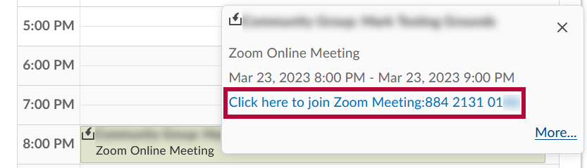 shows where to click to join a Zoom meeting from the D2L Calendar.