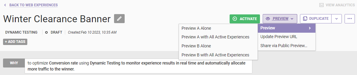 The experience preview options for a Standard Text experience